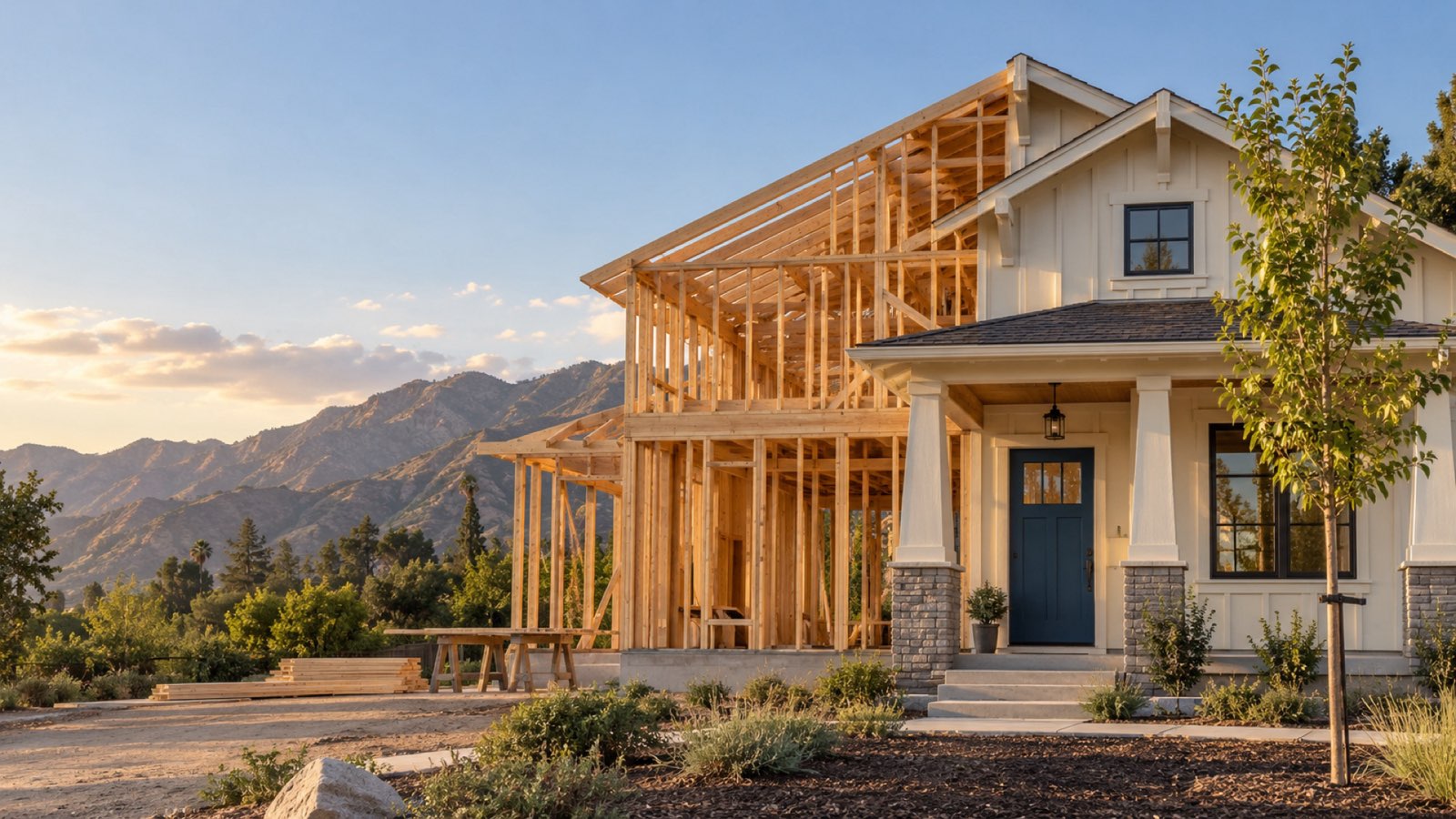 A craftsman home in the foothills, half finished and half still wood framing