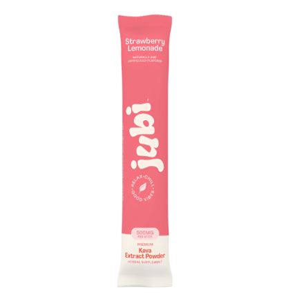 Pink package of JUNI kava extract powder with strawberry lemonade flavor on a white background