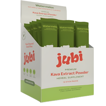 Display box of jubi watermelon-flavored kava extract powder on a white background