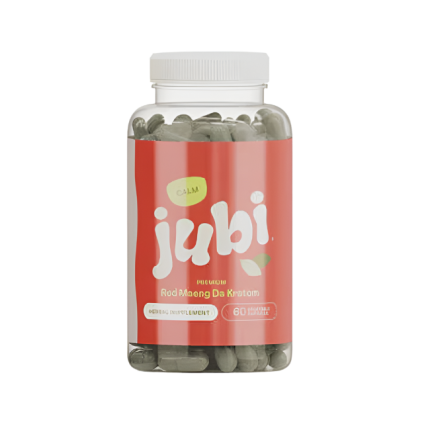 Bottle of 'jubi' supplements with a red label on a white background