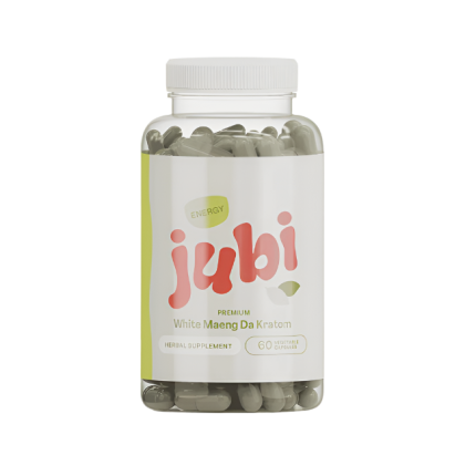 Bottle of Jubi White Maeng Da Kratom on a white background