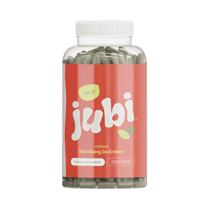 Jubi herbal supplement bottle with red label on a white background