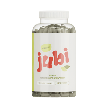 Bottle of jubi White Maeng Da Kratom on a white background