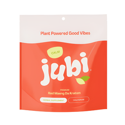 Red package of jubi Red Maeng Da Kratom with branding and product details on a white background