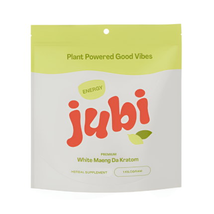 Jubi kratom package with green and red design on a white background