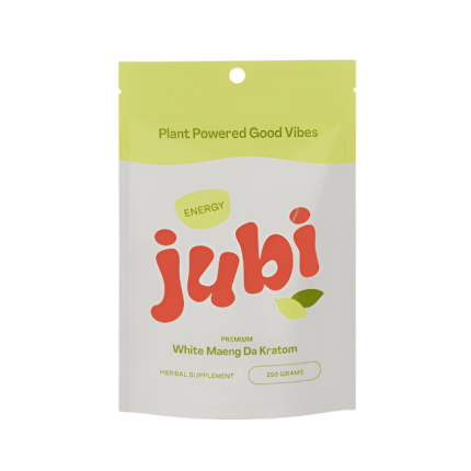 Jubi kratom package with green and red design on a white background
