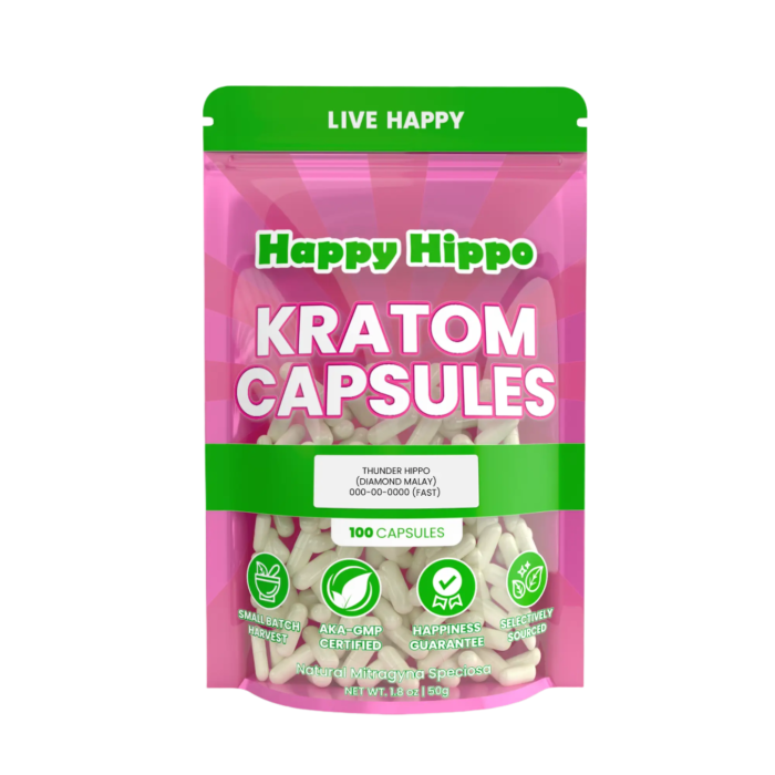 HAPPY HIPPO KRATOM CAPSULE 100CT / 50G / 1.8OZ - THUNDER HIPPO / MALAY WHITE VEIN - Seven Tech