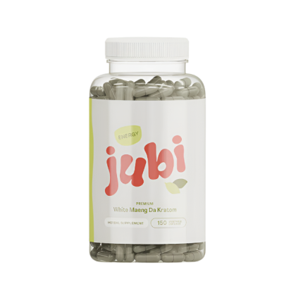 Jar of 'jubi' capsules on a white background