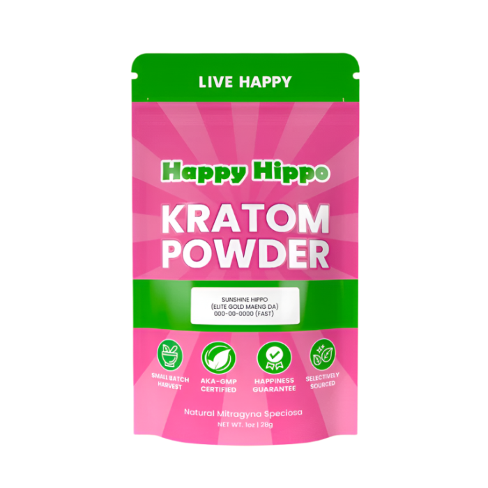 HAPPY HIPPO KRATOM POWDER 1123G / 4OZ - SUNSHINE HIPPO / MAENG DA YELLOW VEIN - Seven Tech