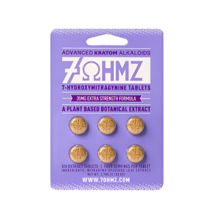 Purple packaging of 7OHMZ 7-Hydroxymitragynine Tablets with six tablets on a white background