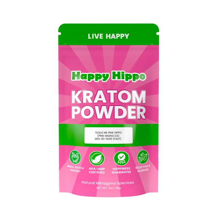 HAPPY HIPPO KRATOM POWDER 500G / 17.6OZ - TICKLE ME PINK HIPPO / MAENG DA WHITE VEIN / MAENG DA RED VEIN - Seven Tech