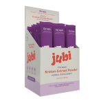 Display box of jubi premium kratom extract powder with purple packets on a white background