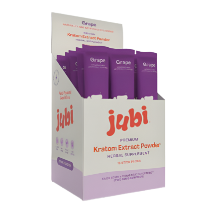 Display box of jubi premium kratom extract powder with purple packets on a white background