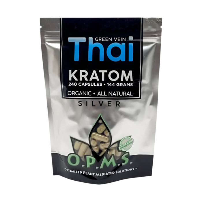 O.P.M.S. SILVER KRATOM CAPSULES 240CT / 144G / 5.08OZ - THAI GREEN VEIN - Seven Tech