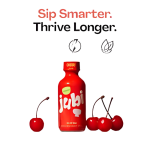 Red bottle labeled 'jubilee' with cherries on a white background and text 'Sip Smarter. Thrive Longer.'