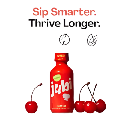 Red bottle labeled 'jubilee' with cherries on a white background and text 'Sip Smarter. Thrive Longer.'