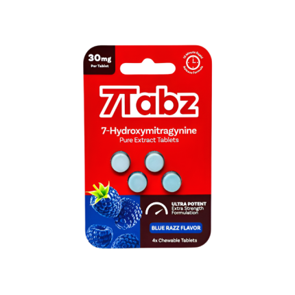 Red and blue packaging of Tlabz 7-Hydroxymitragynine tablets on a white background