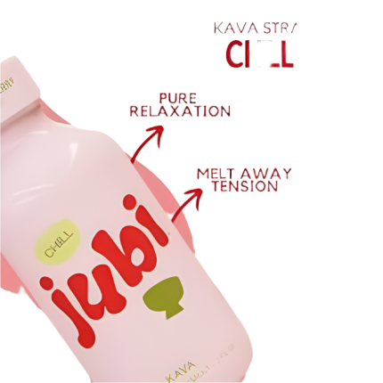 Pink packaging of 'Jubi' with text on a white background