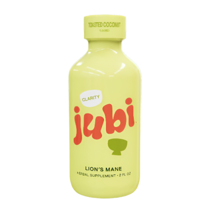 Yellow bottle of Jubi herbal supplement with red text on a white background
