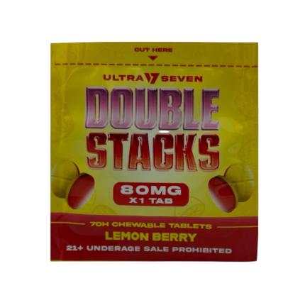 Yellow and red packaging of Ultra Seven Double Stacks lemon berry chewable tablets on a white background