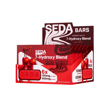 Red packaging of SEDA 7-Hydroxy Blend Cherry bars on a white background
