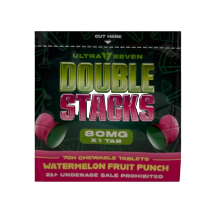 Packaging of Ultra Seven Double Stacks chewable tablets with watermelon fruit punch flavor on a white background.