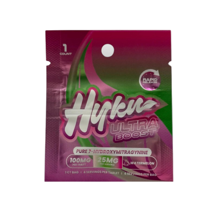 Pink and green package of Hynka Ultra Boost with branding and product details.